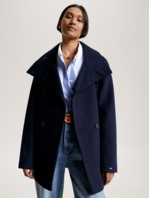 Double-Breasted Funnel Neck Belted Wool Jacket | Blue | Tommy Hilfiger