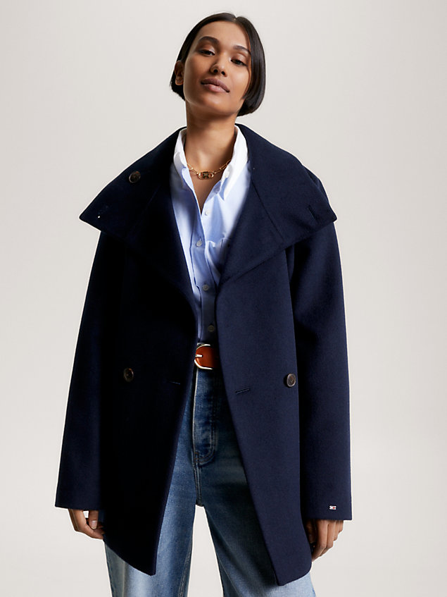 blue double-breasted funnel neck belted wool jacket for women tommy hilfiger