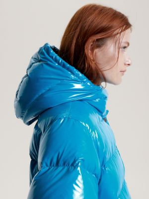 Aqua glossy cheap hooded puffer coat