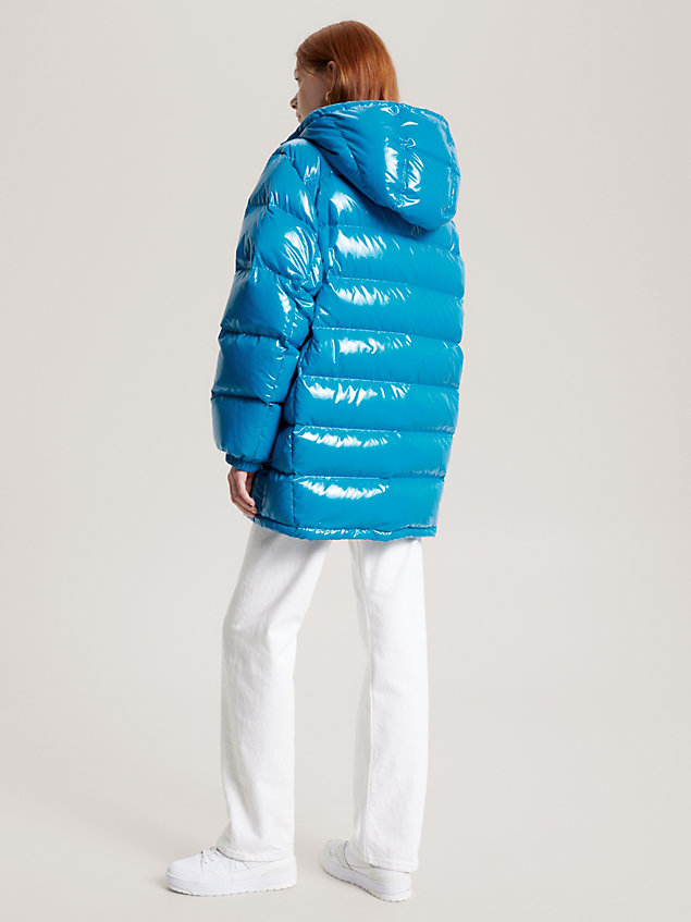 blue hooded high shine down jacket for women tommy hilfiger