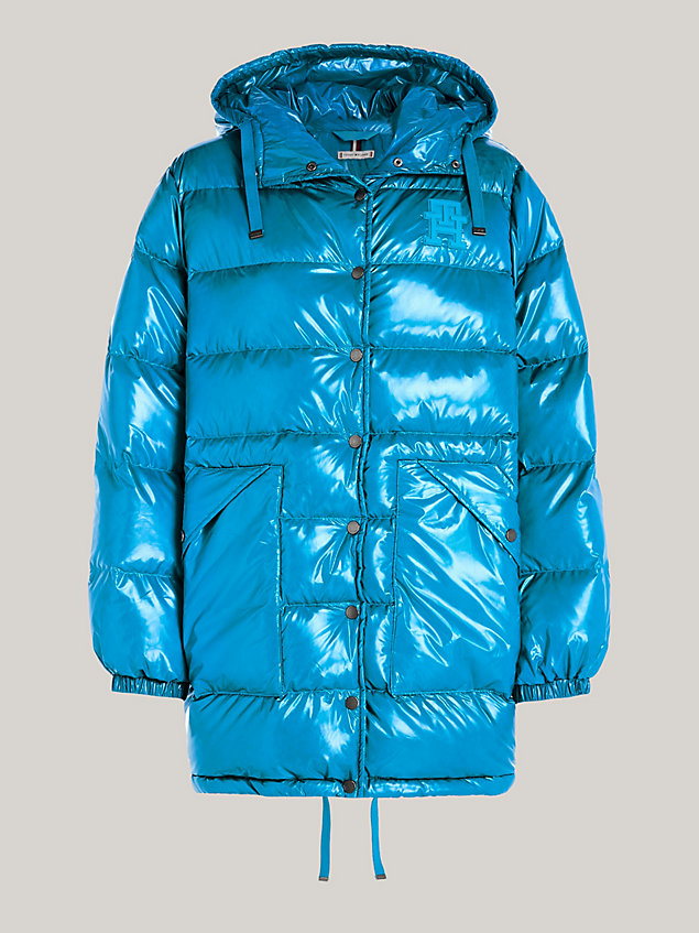 blue hooded high shine down jacket for women tommy hilfiger
