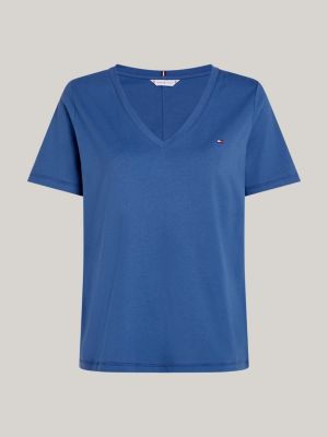 niebieski t-shirt z dekoltem w szpic z flagą dla kobiety - tommy hilfiger