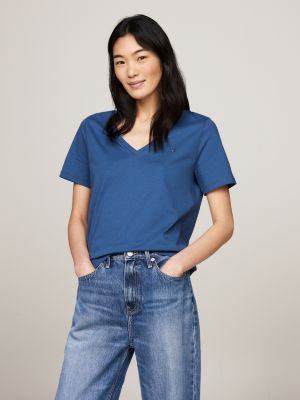 blue v-neck flag embroidery t-shirt for women tommy hilfiger