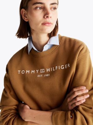 sudadera de felpa con cuello redondo y logo marrón de mujeres tommy hilfiger