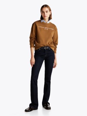 sudadera de felpa con cuello redondo y logo marrón de mujeres tommy hilfiger