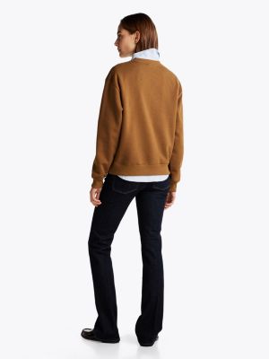 sudadera de felpa con cuello redondo y logo marrón de mujeres tommy hilfiger