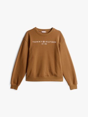 bruin fleece sweatshirt met ronde hals voor dames - tommy hilfiger