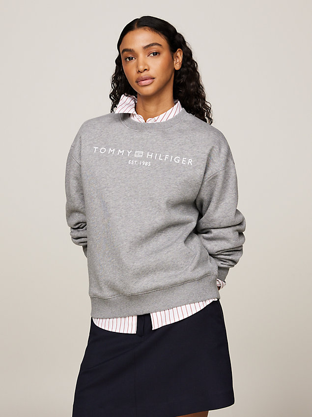 grey sweatshirt mit logo und rundhalsausschnitt für damen - tommy hilfiger
