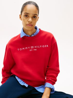 red logo crew neck fleece sweatshirt for women tommy hilfiger