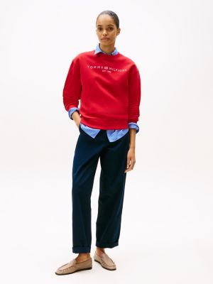 red logo crew neck fleece sweatshirt for women tommy hilfiger