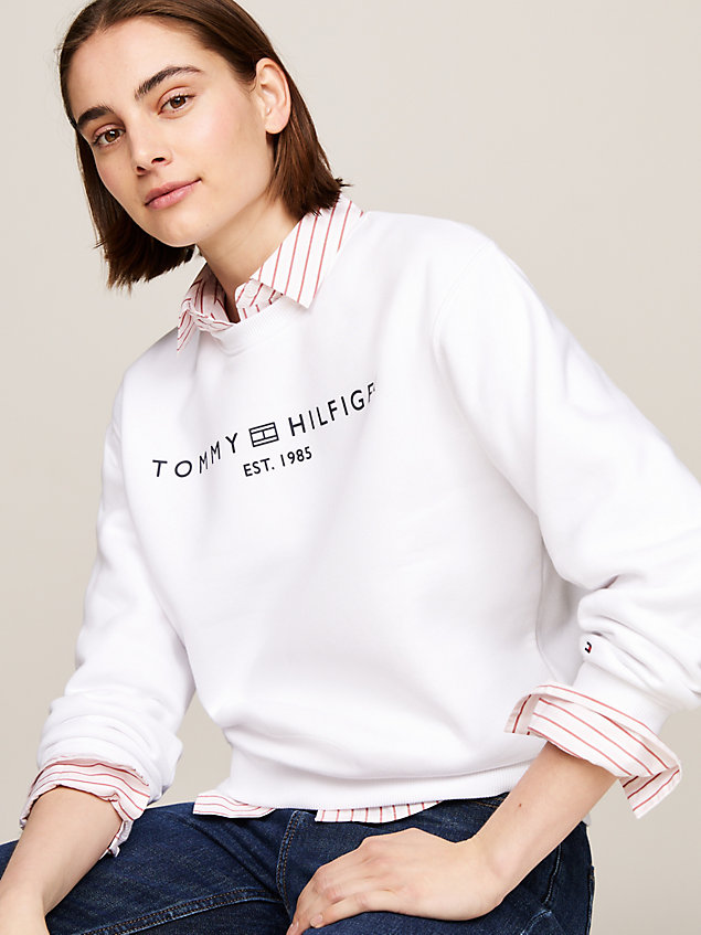 white sweatshirt mit logo und rundhalsausschnitt für damen - tommy hilfiger
