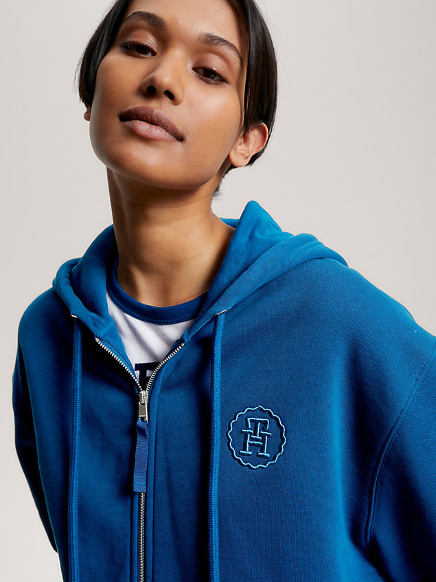 blue hoodie mit logo-stickerei und reißverschluss für damen - tommy hilfiger