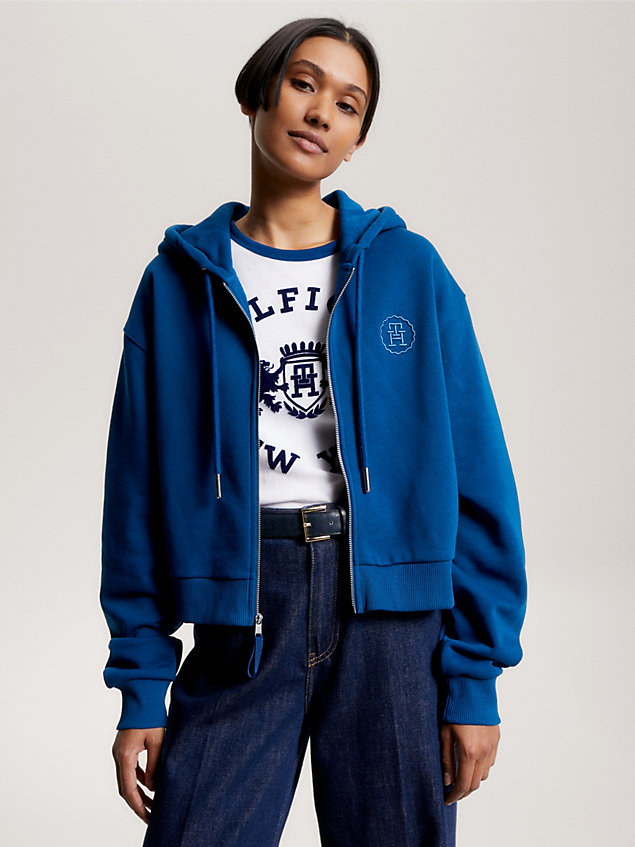 blue hoodie mit logo-stickerei und reißverschluss für damen - tommy hilfiger