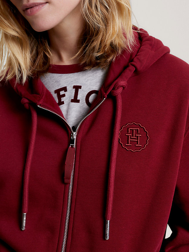 red hoodie met rits en geborduurd logo voor dames - tommy hilfiger