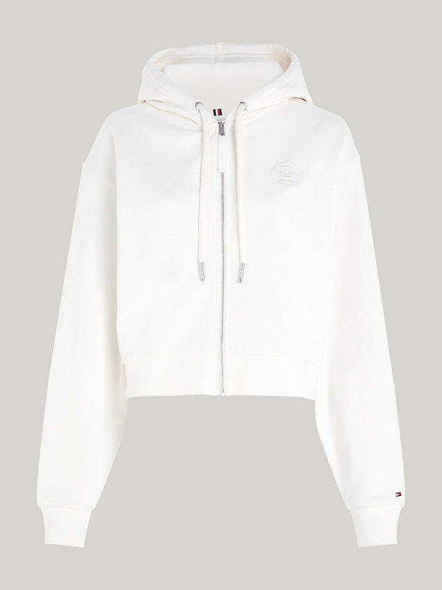 white hoodie met rits en geborduurd logo voor dames - tommy hilfiger