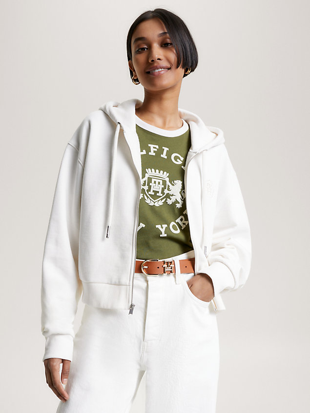 white hoodie mit logo-stickerei und reißverschluss für damen - tommy hilfiger