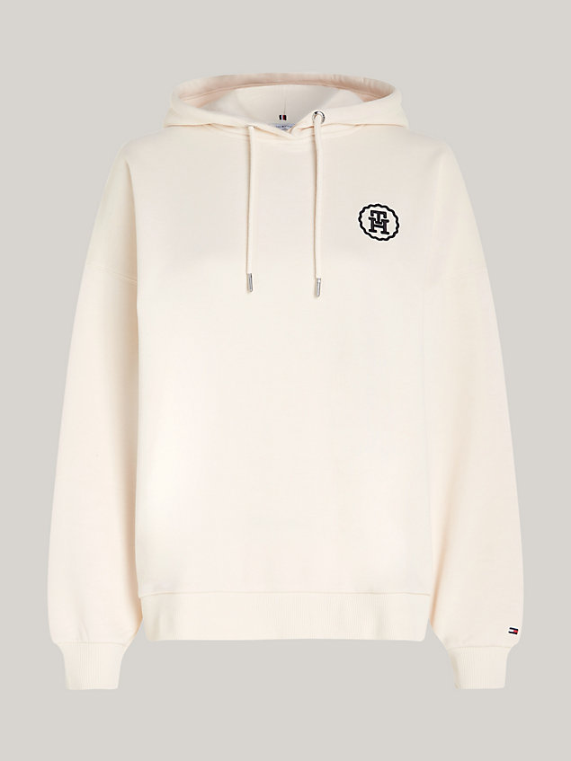beige th monogram stamp embroidery relaxed hoody for women tommy hilfiger