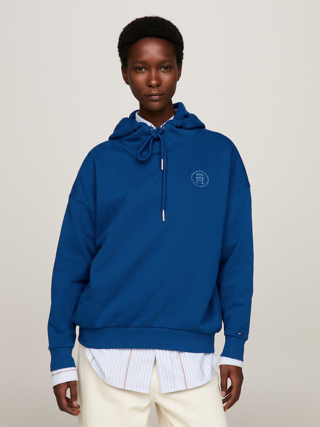 blue th monogram stamp embroidery relaxed hoody for women tommy hilfiger