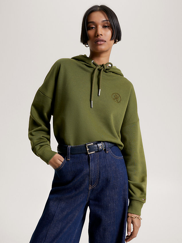 green relaxed fit hoodie mit th-monogramm-stempel für damen - tommy hilfiger