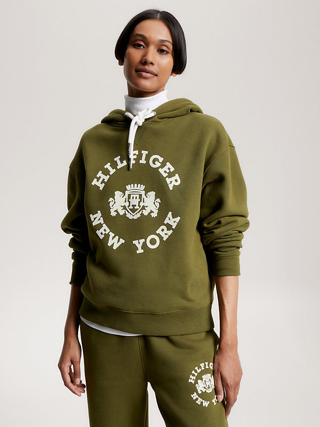 green varsity hoodie met getextureerd logo voor dames - tommy hilfiger