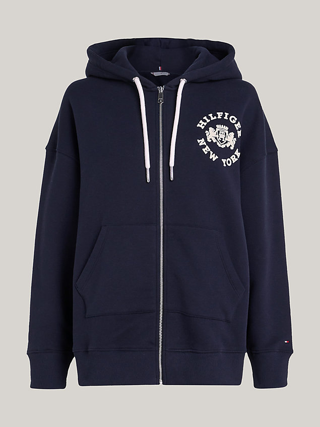 blue varsity relaxed fit hoodie met rits en logo voor dames - tommy hilfiger