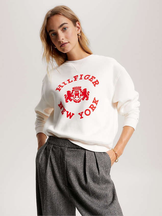 white varsity flocked logo sweatshirt for women tommy hilfiger