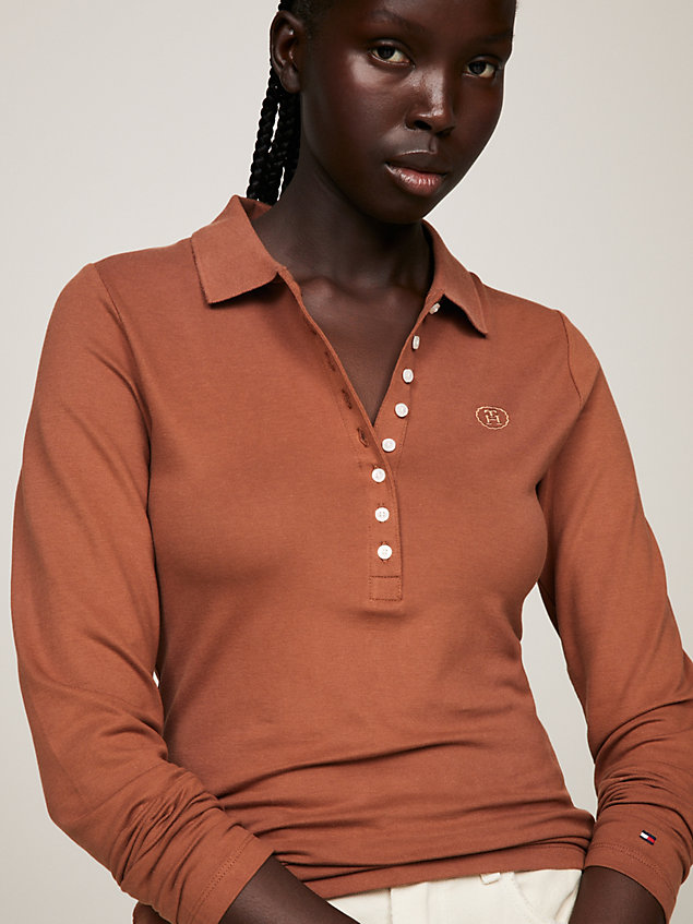 brown long sleeve slim fit polo for women tommy hilfiger