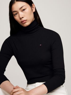 schwarz slim fit langarmshirt mit rollkragen für damen - tommy hilfiger