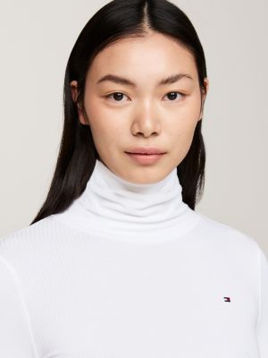 t-shirt ajusté à col roulé et manches longues blanc pour femmes tommy hilfiger