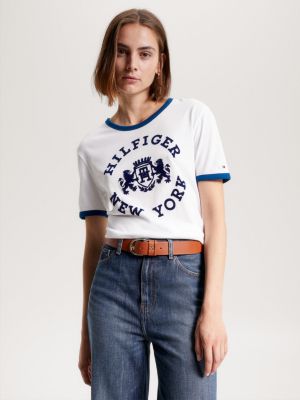 T-shirt stile college con logo floccato, BIANCO