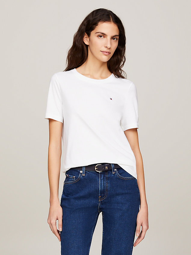 camiseta de cuello redondo con logo bordado white de mujeres tommy hilfiger