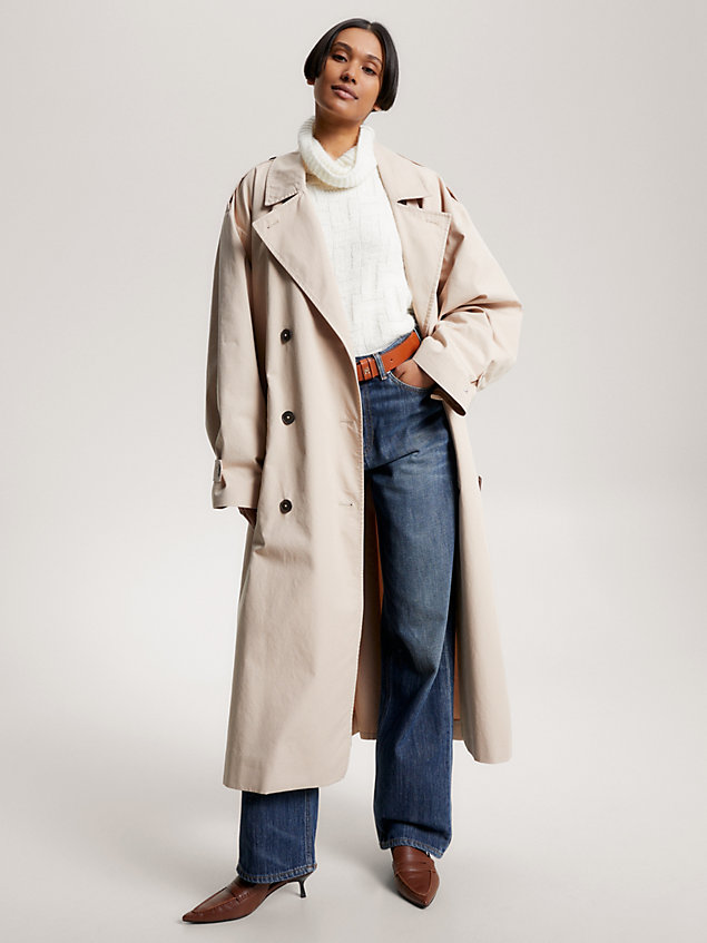 beige double-breasted relaxed fit trenchcoat voor dames - tommy hilfiger