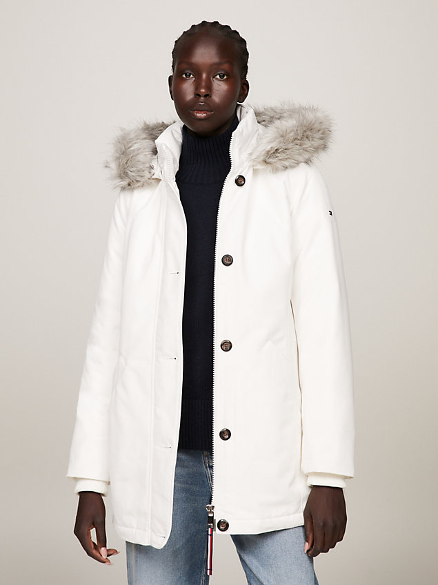 white faux fur hooded padded parka for women tommy hilfiger