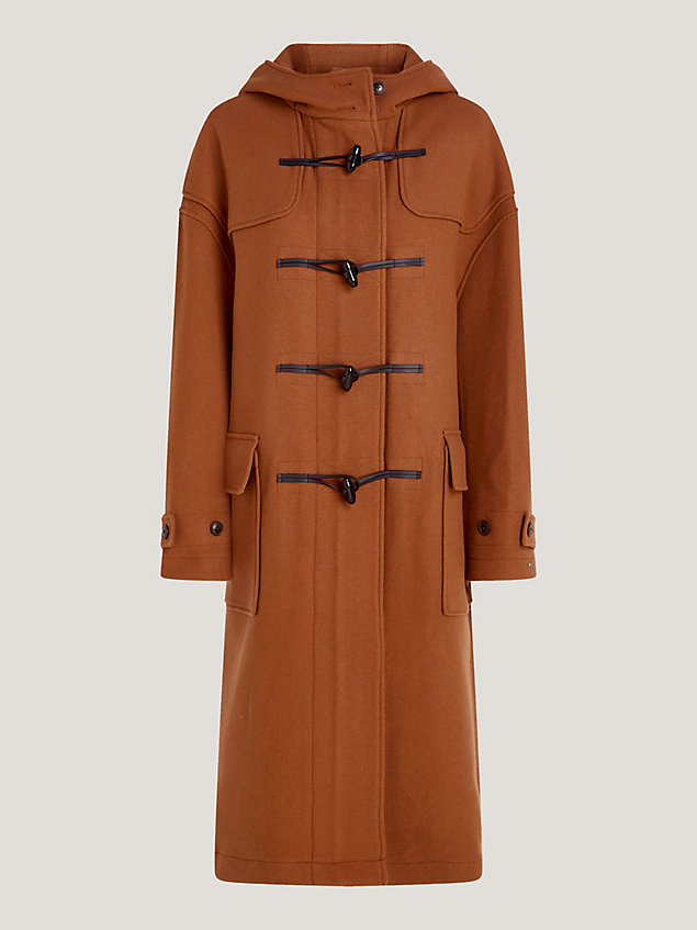 brown relaxed wollen maxi-duffelcoat voor dames - tommy hilfiger