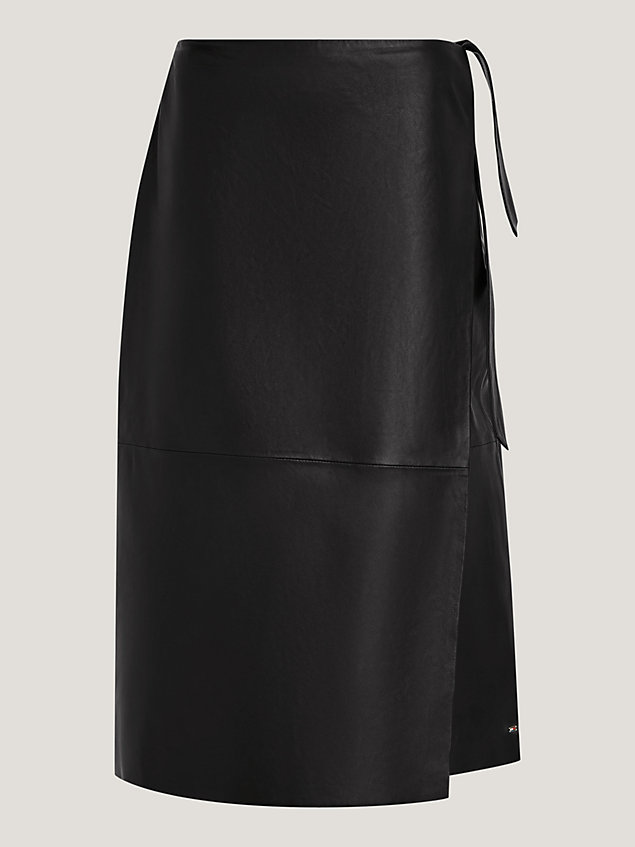 black leather wrap midi skirt for women tommy hilfiger
