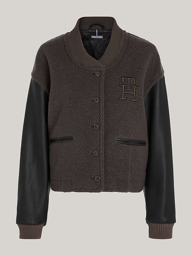 khaki th monogram leather sleeve jacket for women tommy hilfiger