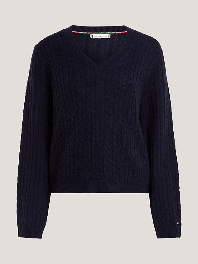 blue wool cable knit v-neck jumper for women tommy hilfiger