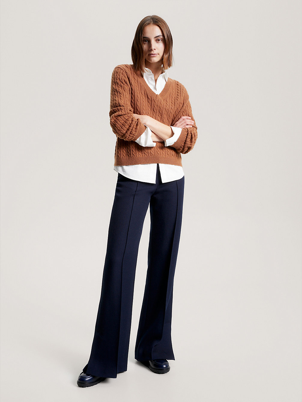 brown wool cable knit v-neck jumper for women tommy hilfiger