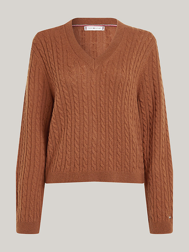 brown wool cable knit v-neck jumper for women tommy hilfiger