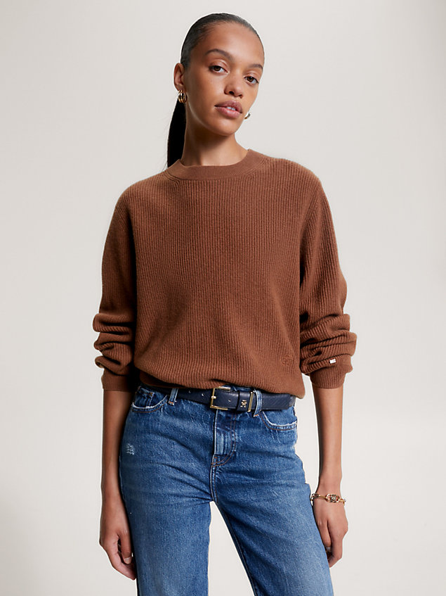 brown luźny prążkowany sweter z wełny i kaszmiru dla kobiety - tommy hilfiger