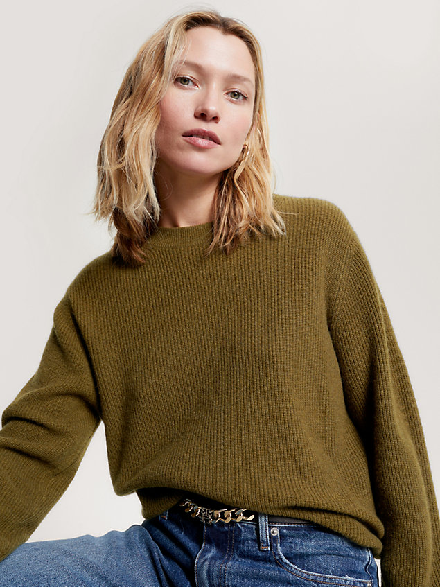 green luźny prążkowany sweter z wełny i kaszmiru dla kobiety - tommy hilfiger