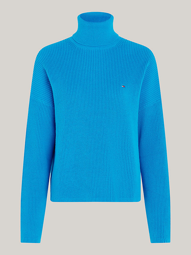 blue katoenen trui met tunnelkraag en ribtextuur voor dames - tommy hilfiger