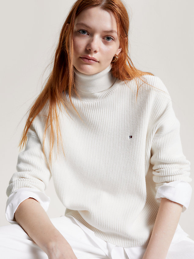 white funnel neck ribbed cotton jumper for women tommy hilfiger