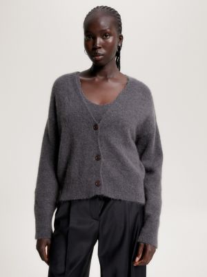 Brushed Knit V-Neck Relaxed Cardigan | Grey | Tommy Hilfiger