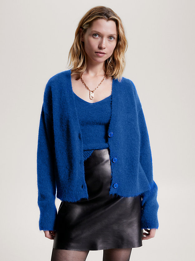 blue brushed knit v-neck relaxed cardigan for women tommy hilfiger