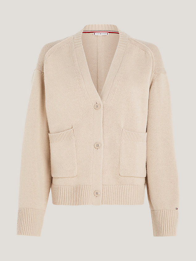 beige v-neck relaxed boxy cardigan for women tommy hilfiger