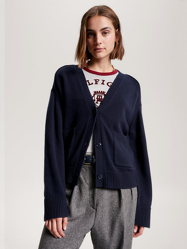 blue v-neck relaxed boxy cardigan for women tommy hilfiger