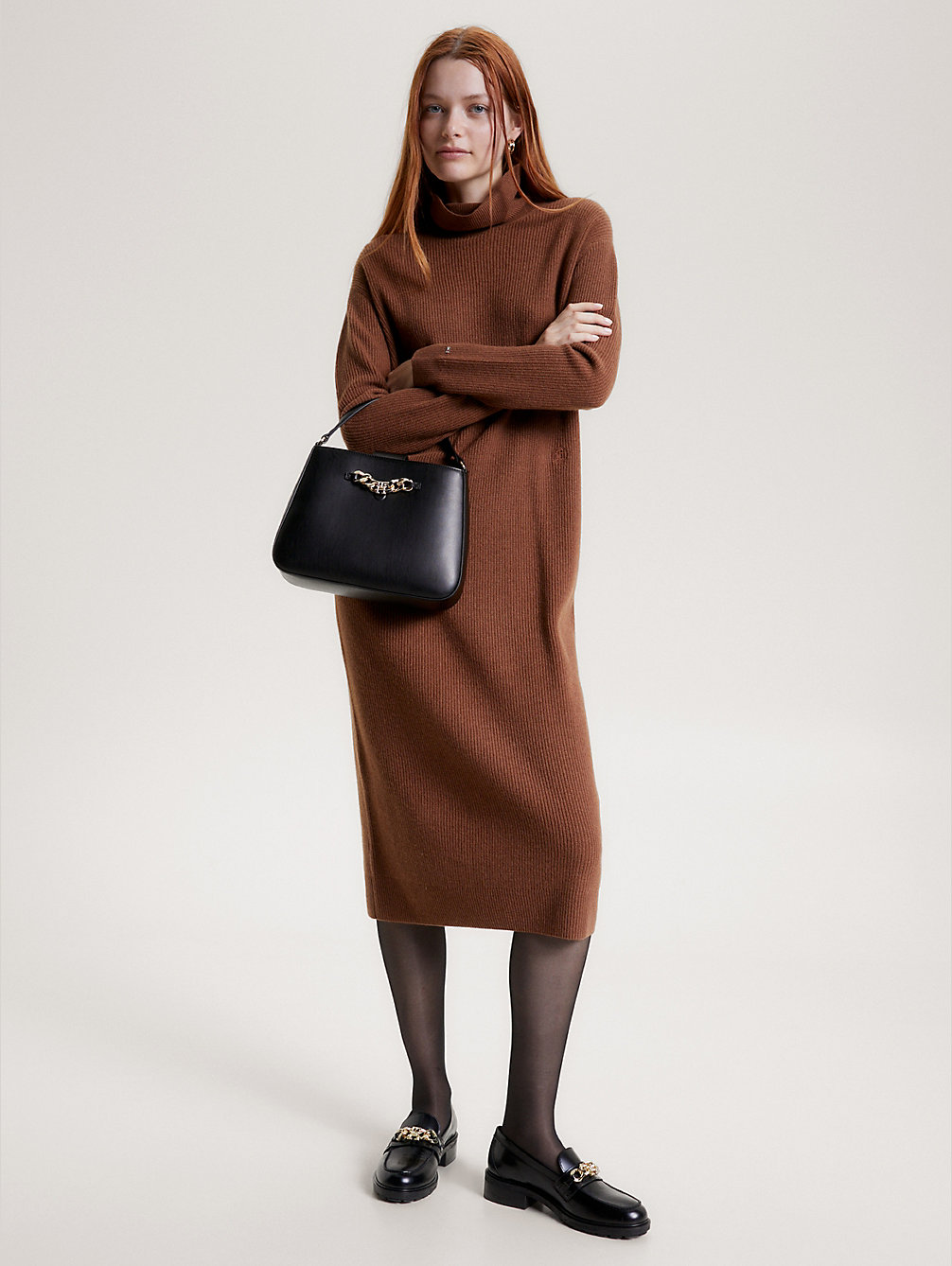 brown sukienka dzianinowa z wełny i kaszmiru dla kobiety - tommy hilfiger