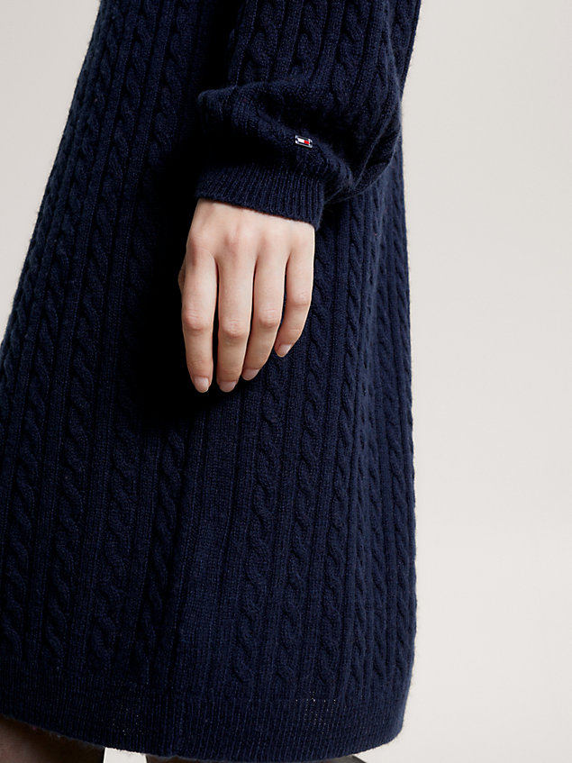 blue relaxed fit kabelgebreide sweaterjurk van wol voor dames - tommy hilfiger