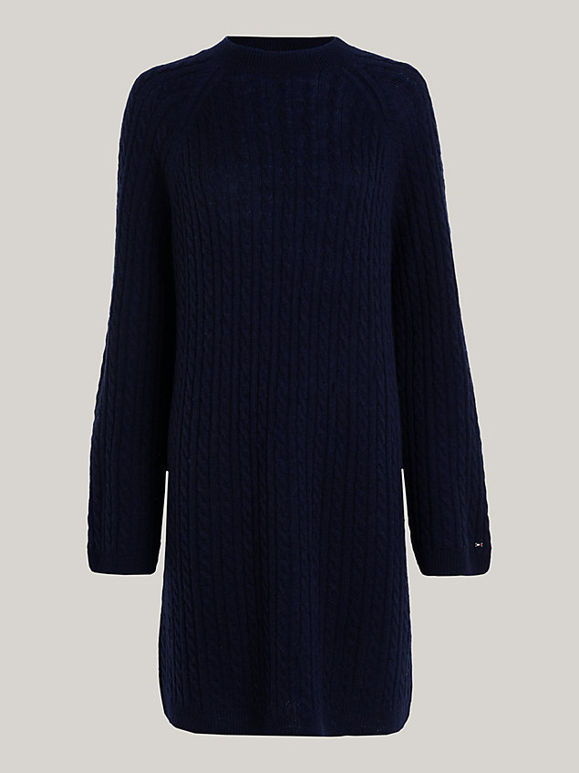 blue relaxed fit kabelgebreide sweaterjurk van wol voor dames - tommy hilfiger